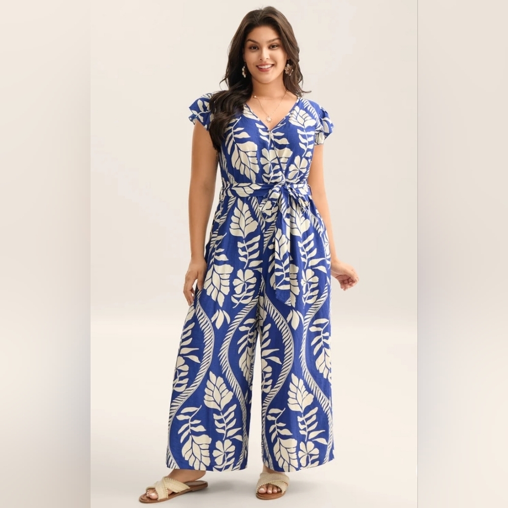 BloomChic Blue and White Leaf Print Maxi Jumpsuit